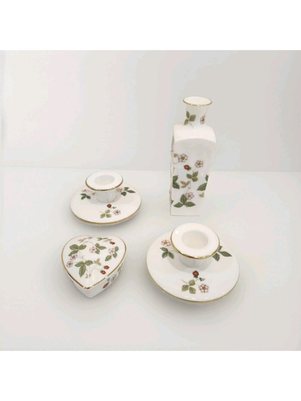 Wedgwood Bone China Wild Strawberry 2 Candlestick 1 Mini Vase 1 Trinket Box